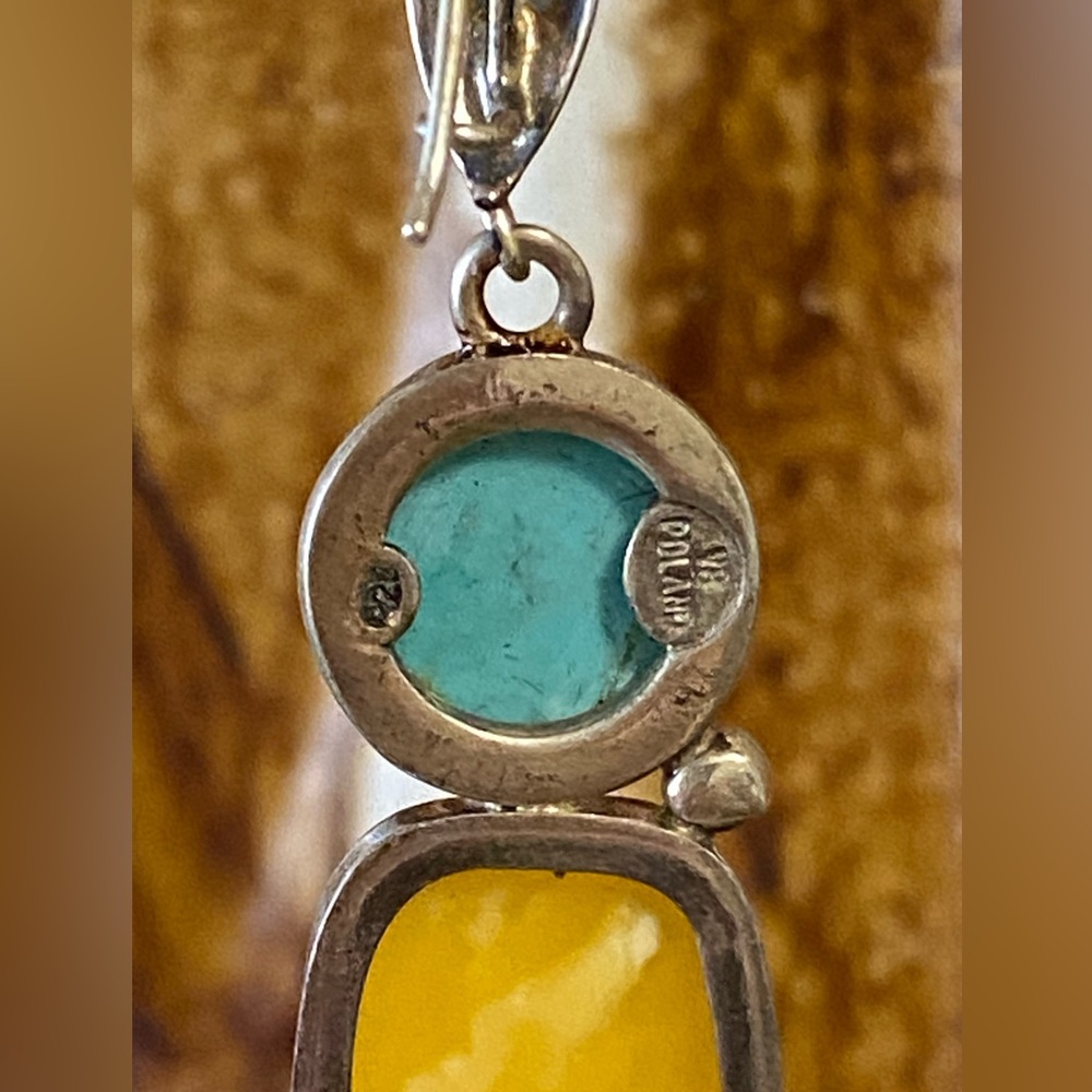 Vintage Turquoise and Butterscotch Amber Sterling Earrings - Picture 5 of 9